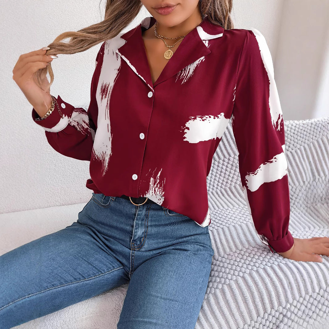 European And American-style Chic Contrast-striped Blazer-collar Long-sleeve Shirt