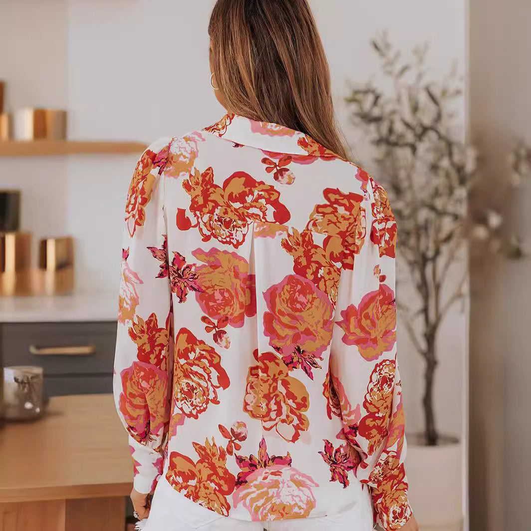 Womens Casual Printed Button-up Shirt With Lantern Sleeves