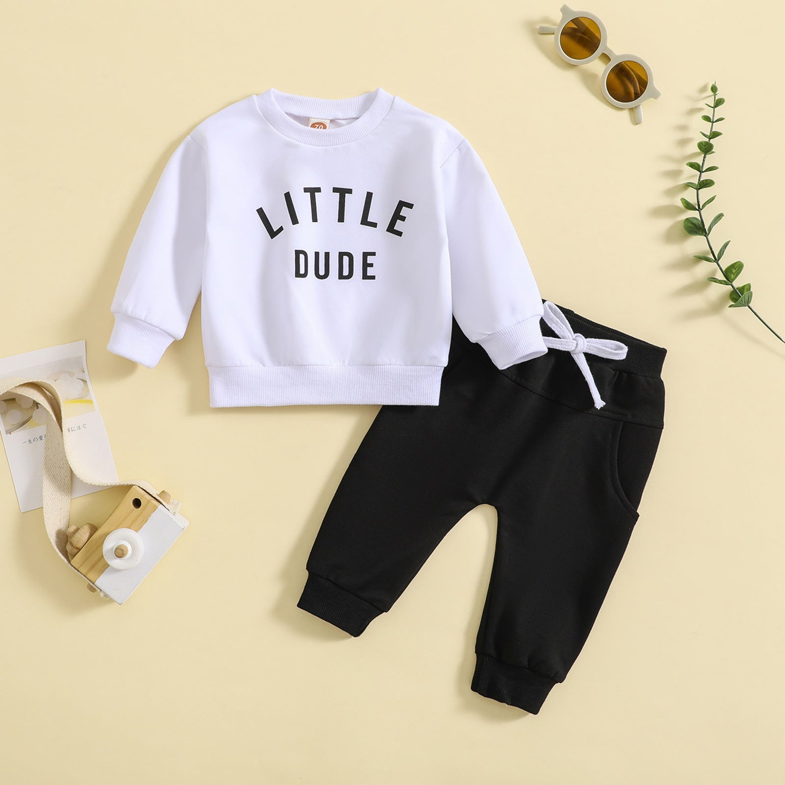 Children's Clothing Round Neck Letter Print Top Solid Color Trousers Sets