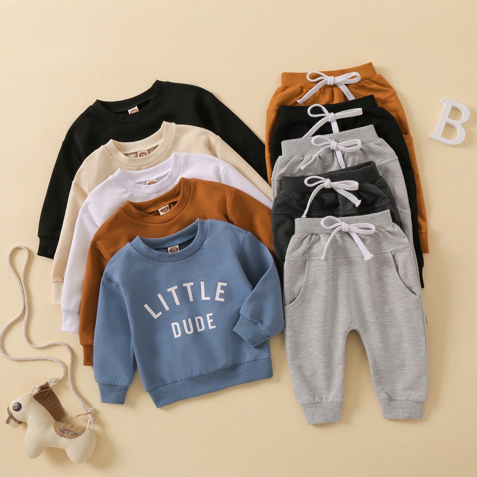 Children's Clothing Round Neck Letter Print Top Solid Color Trousers Sets