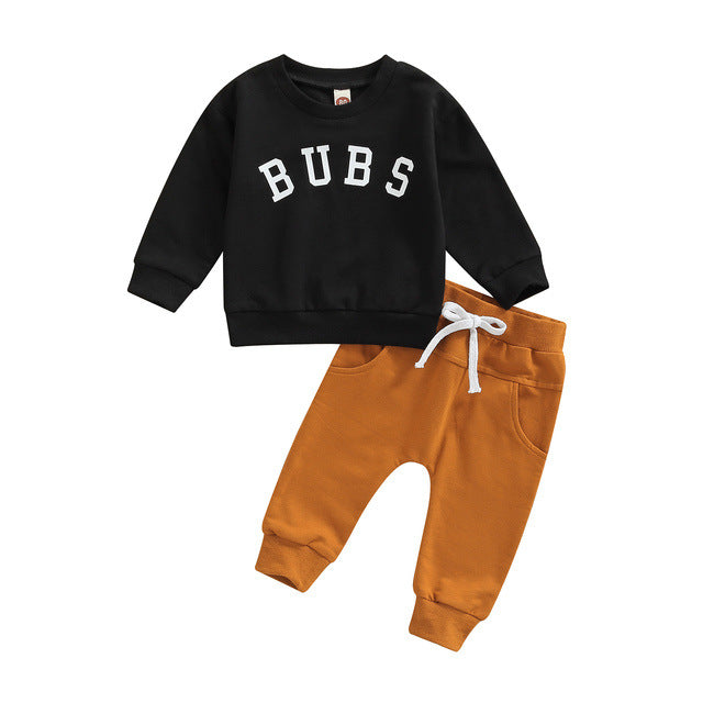 Children's Clothing Round Neck Letter Print Top Solid Color Trousers Sets