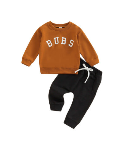 Children's Clothing Round Neck Letter Print Top Solid Color Trousers Sets
